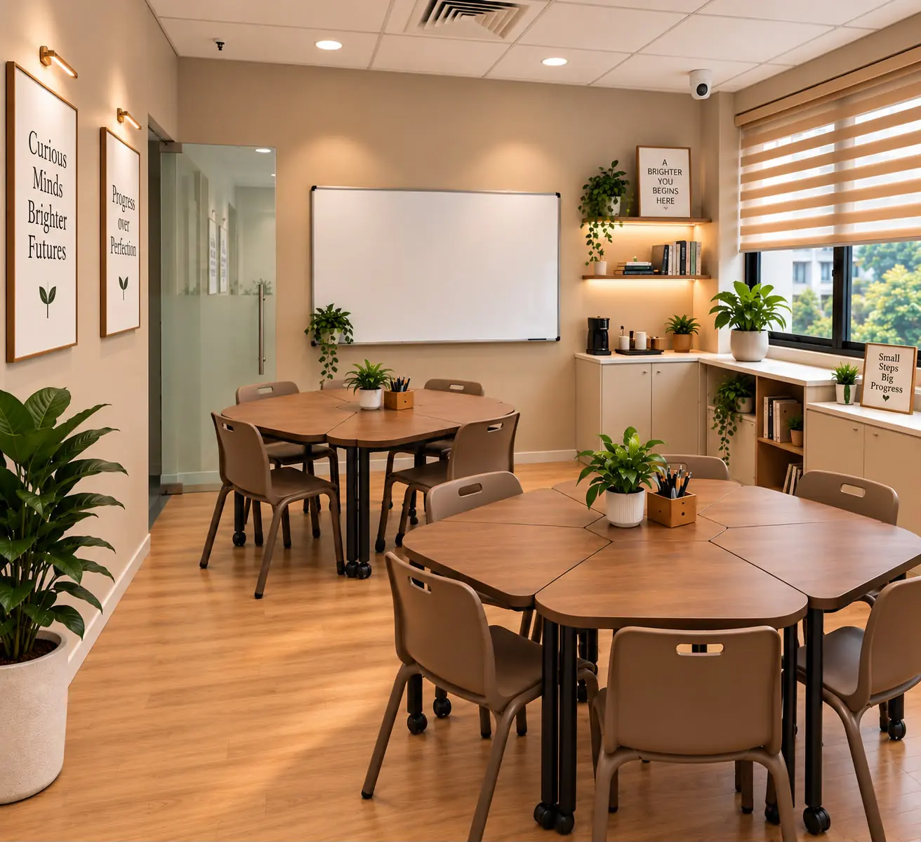Artist's impression: a bright Study Suite classroom with small round tables, a whiteboard, plants and a window onto trees