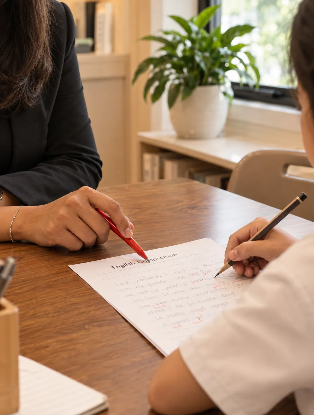 Artist's impression: an educator marks a child's English composition in red pen while the child writes beside her, at a Study Suite table