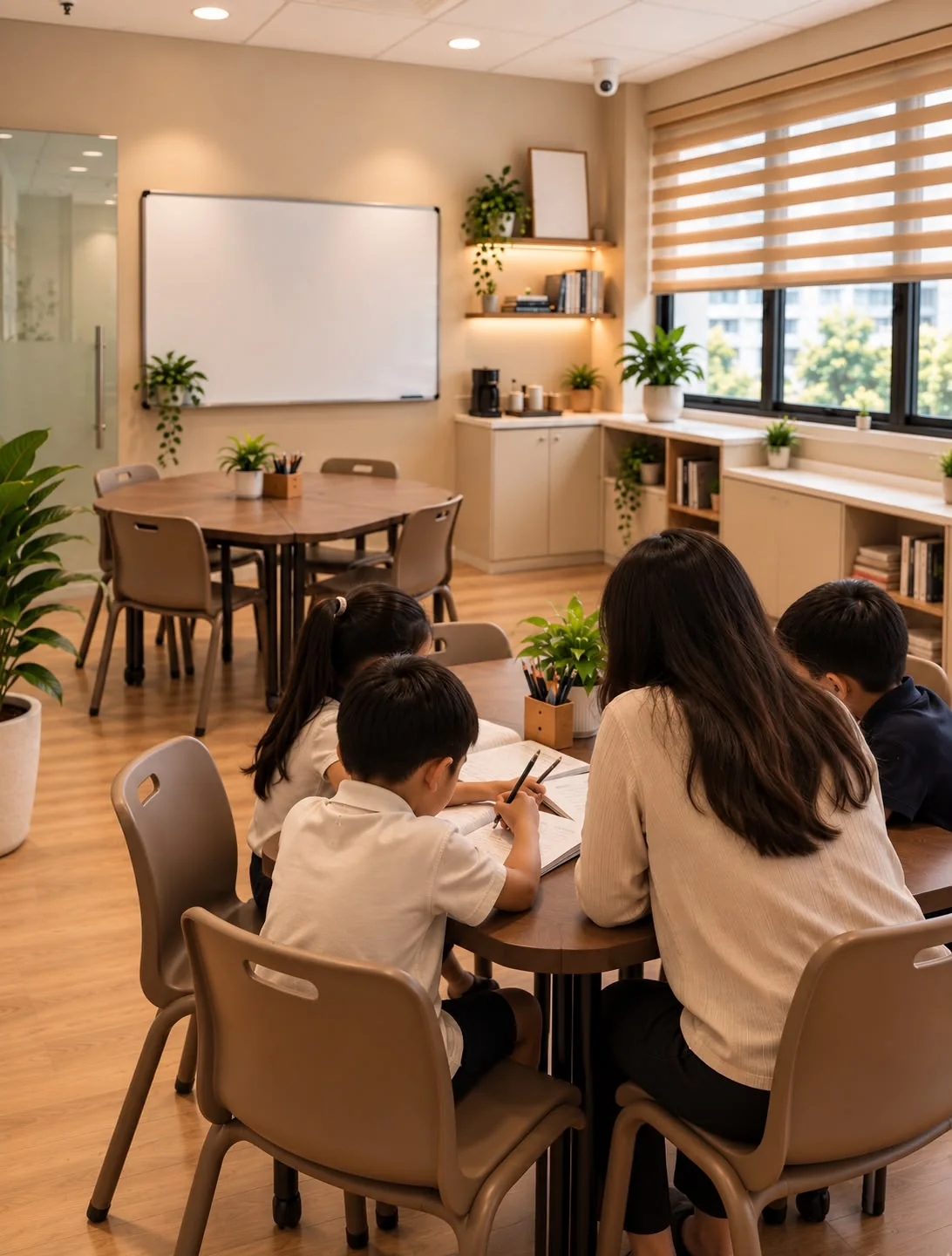 Artist's impression: a small group of children writing at a table with their teacher, seen from behind, in a Study Suite classroom