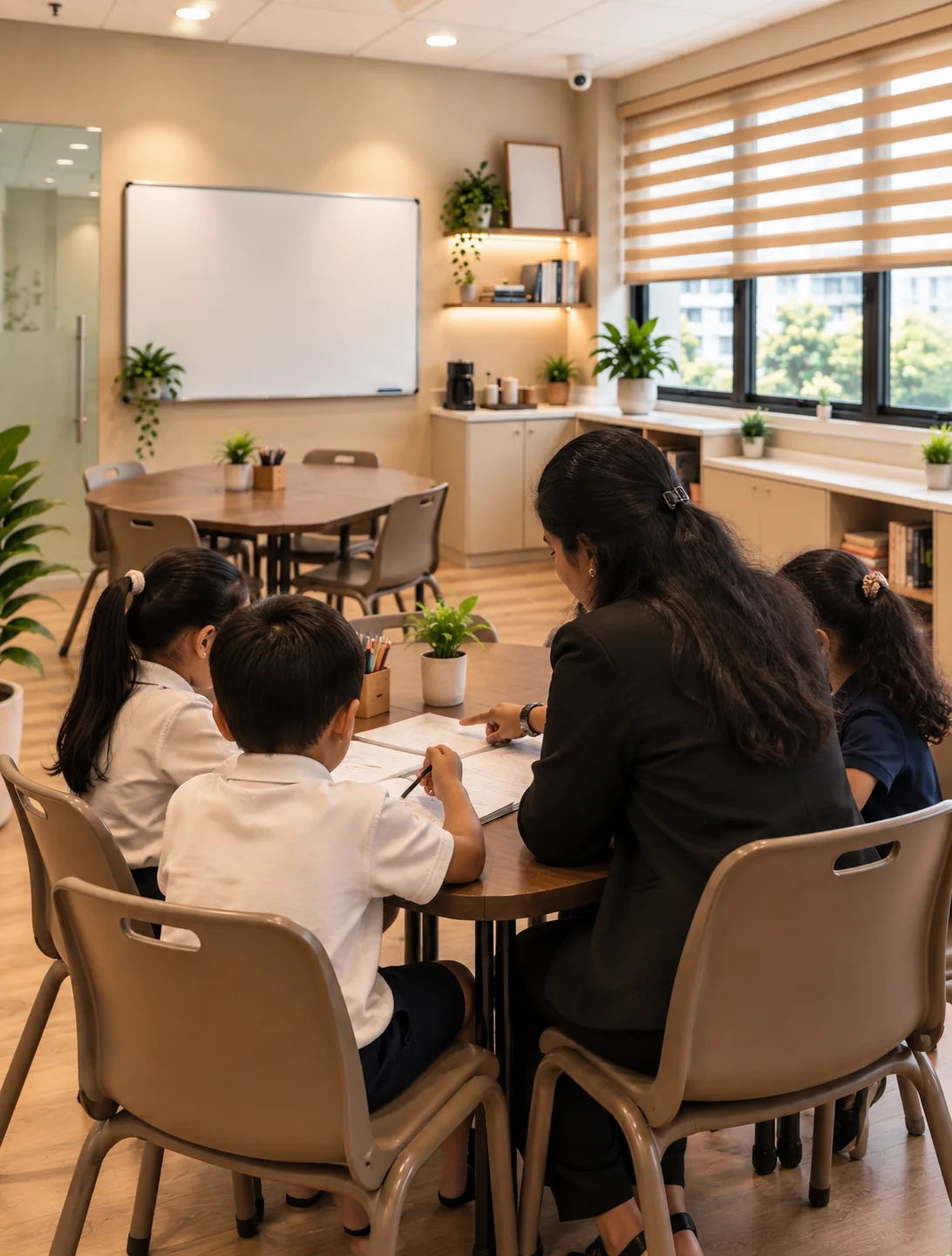 Artist's impression: a teacher and three children working together at a table, seen from behind, in a Study Suite classroom